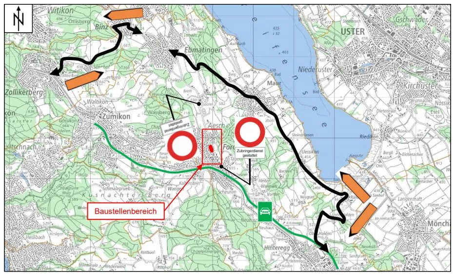 Eine Karte mit Angaben zur Baustelle in Maur und zur Umleitung